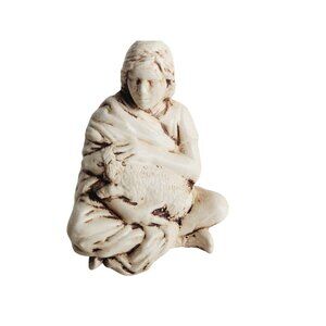 Ceramic Shepherd Holding Lamb Statue 4.5" Tall Beige Brown Signed  Jean S